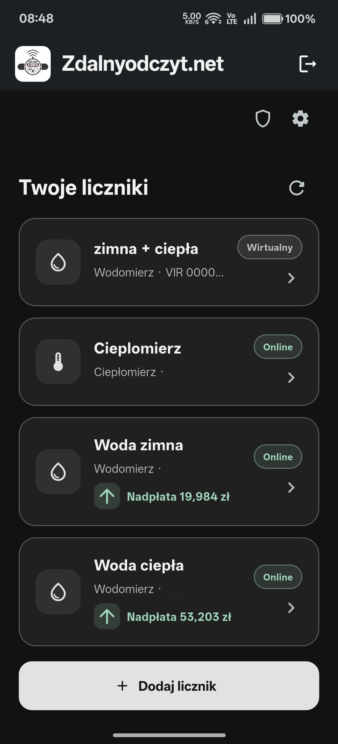 Lista liczników w aplikacji mobilnej