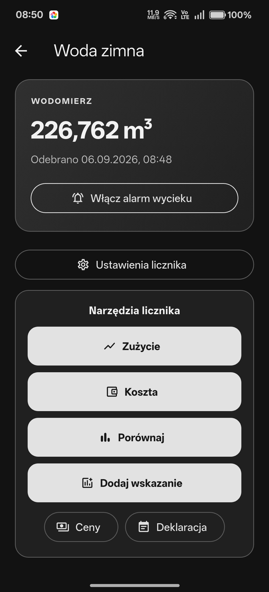 Szczegóły wodomierza w aplikacji mobilnej